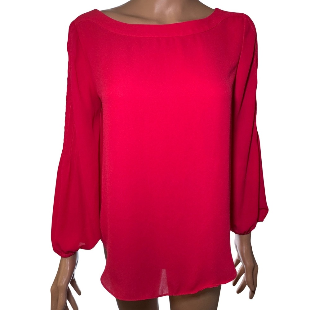Ann Taylor Factory Womens Red Boat Neck‎ Pintuck Puff Sleeve Blouse XS